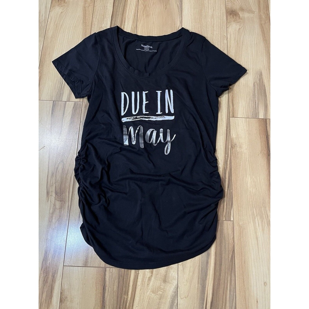 Motherhood Maternity Due In May Maternity Black T-Shirt Size Small Rouched Sides